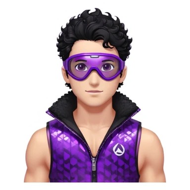 male athlete with white skin and moderately curly black hair on top with shaved sides, wearing ski goggles with purple frames and very dark black lenses, a simple plain black chain necklace, and a completely unzipped shiny vest with purple and black sequin fire pattern design, fully revealing his chest and abs, no earrings sticker