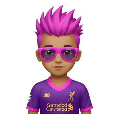 A 6 year old Pakistani boy wearing pink sunglasses with a purple Mohawk and a Liverpool kit on his torso. sticker