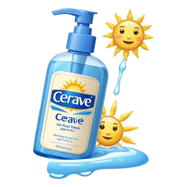 White CeraVe bottle with blue label and yellow “AM” badge, topped with a pump. Surrounded by protecting radiant sun sparkles, soft UV-deflecting light rings, and a blue protective glow. Feels like a daytime skin shield potion in a sleek, glossy bottle. sticker
