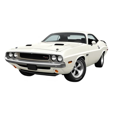 Solid white 1971 Dodge Challenger viewed from 30-degree angle, showcasing front grille and side profile, completely white paint job, Death Proof movie car, iOS emoji style sticker