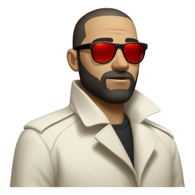 <excerpt>
A white man with real buzz cut Black hair, beard stubble donning small red tinted sun glasses in a dirty white trench coat, is serious.
</excerpt> sticker
