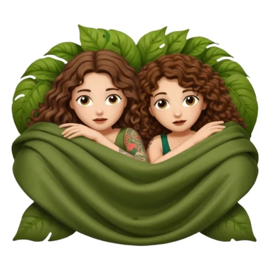 fake sleep pose — long wavy brown hair tattooed woman and short tight curly brown hair woman — peeking under leaf blanket sticker