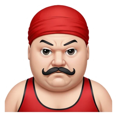 Extreme close-up of face of morbidly obese white skin guy with young face, prominent BLACK DURAG tied clearly on head, distinct black beard and mustache, black eyes in a red and black wrestling singlet with angry expression sticker