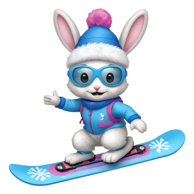 A bunny on a snowboard in blue wearing ski goggles and making party sticker