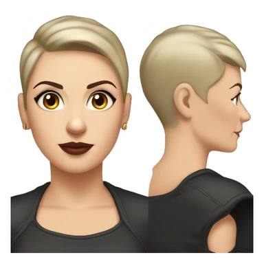 white woman in her forties brown eyes shaved hair on one side black short hair on other side upturned nose black tanker tattoo on the shoulders sticker