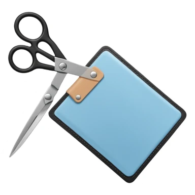 Floating black Scissors cutting a light blue military ID card in 2 parts .hyper realistic sticker