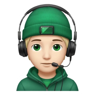 garcon avec un bonnet avec un emeraude dessus et un casque gaming sticker