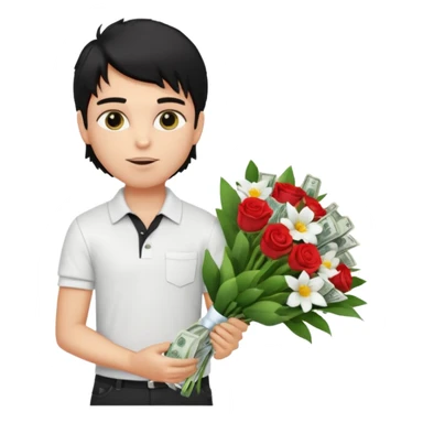 generate a pretty fair bratz boy with a messy mullet (black hair), wearing a white polo.  carrying a bouquet made of money. expensive car behind him sticker