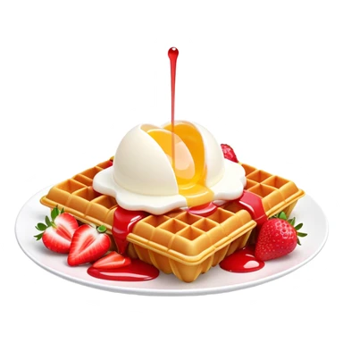 3D rendered Hong Kong egg waffle folded with strawberries and cream, vibrant red and white colors, hyper-realistic bubbled texture, glossy finish, detailed bubble surfaces, fun presentation, soft lighting sticker