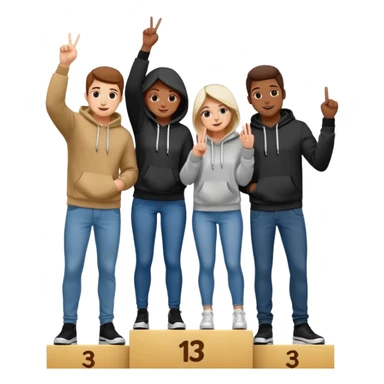 three people black and white in jeans and hoodies on a winners podium with no numbers middle step higher center person holds up one finger on each hand bright cheerful expressive emoji illustration sticker