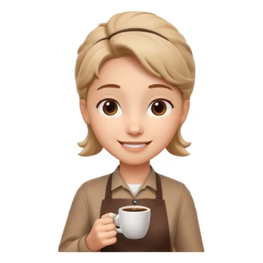 cute barista portrait, head and shoulders only, wearing apron, coffee shop uniform, friendly smile, holding a small coffee cup, 3D cartoon, mobile game icon style, clean background, no text, no watermark
 sticker