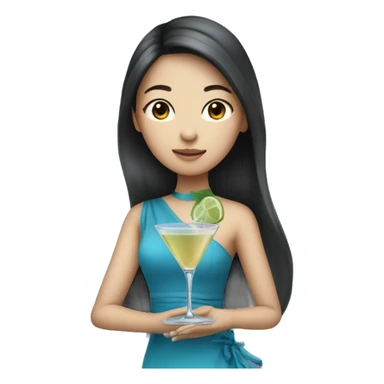 Pretty Asian girl with long hair wearing blue dress drinking martini sticker