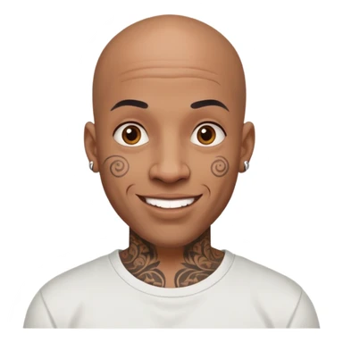 bald black man with intricate face tattoos, cheerful expression, wearing a t-shirt sticker