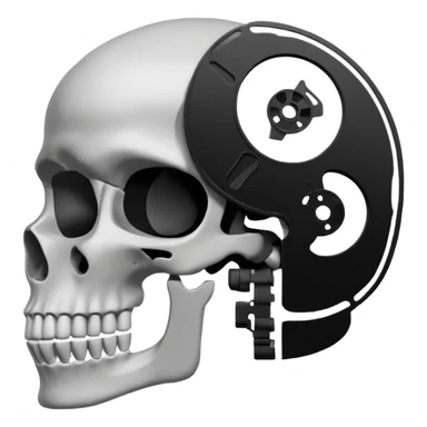 Minimalist emoji-style sticker of a human skull in profile, with a film reel replacing the brain. Grayscale icon with bold silhouette.
 sticker