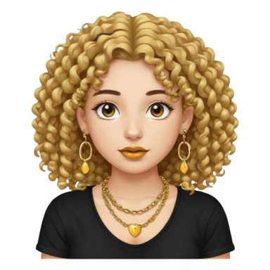 Chica de pelo rizado de tez blanca, pestañas, extra largas, cejas, pobladas, nariz, pequeña, labios grandes, usando una cadera dorada, junto con unas dorada y una camiseta negra sticker