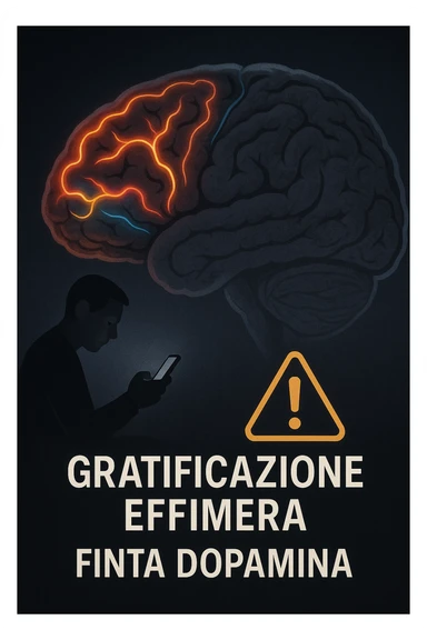 a brain is shown with bright, neon pathways lighting up as a person watches explicit content on a device. The pathways fade rapidly, and a warning icon appears with the Italian phrase “Gratificazione effimera” or “Finta dopamina.” The mood is cautionary and educational. sticker