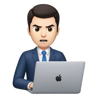 memoji of a white male realtor with a laptop in front, modern, dark hair, angry sticker