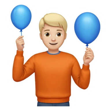 white skin, blonde hair man, orange sweater, hold blue balloon sticker