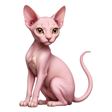 cinematic-[sphynx cat]-realistic-full-body-sitting-emoji,-tail-curled-playfully-around-its-paws,-head-tilted-dramatically,-sleek-[pink]-skin,-simplified-yet-realistic-focused-features,-highly-detailed,-glowing-with-an-almost-sarcastic-glow sticker
