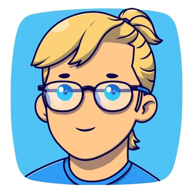 Man with blonde ponytail, round glasses and blue eye sticker