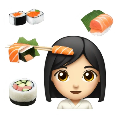 Japanese girl with black hair eating sushi sticker