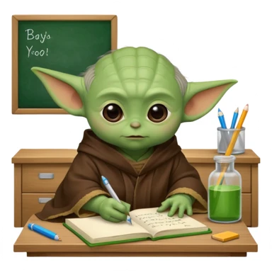 Baby Yoda con su tunica chocolate escribiendo en un cuaderno sobre un escritorio en un aula de clases sticker