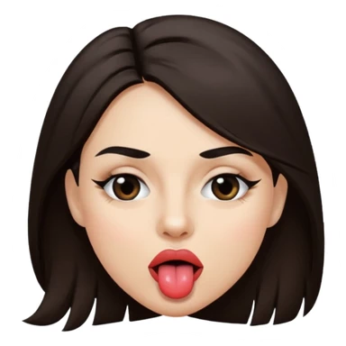 woman with dark brown hair wearing black band over eyes with tongue out sticker