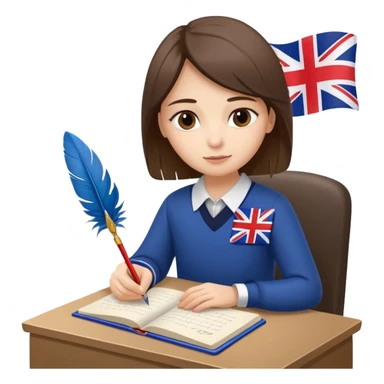 someone who is writing with a feather on a notebook, with an UK flag in the background sticker