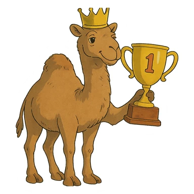 ghibli style dromedary with a crown on its head and a trophy with #1 on it sticker