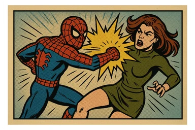 Spiderman fighting a female villain, impact effect, classic comic book style, dynamic action sticker