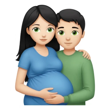 Make a couple hugging the girl is white with long black hair with blue eyes. The girl is hugging a boy with light brown short hair with green eyes. The boz is pregnant  sticker