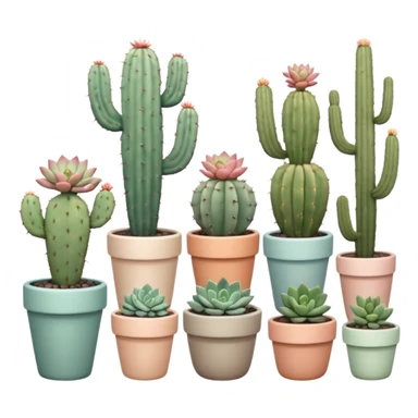 Ceramic pots in pastel colors, tall and short, round and square, containing desert cactus plants, hanging cacti, flowering cacti, echeveria succulents, and sedum succulents, placed in a row on the floor, white background sticker