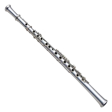 Create an elegant and refined emoji representing a classical silver flute. The design should showcase the sleek, polished silver body of the flute with its keywork and tone holes clearly visible. Highlight the smooth, straight shape of the instrument with subtle light reflections on its metal surface. The keys should be delicately detailed, with their small, round pads visible. Add a slight shine to the flute’s surface to reflect its high-quality craftsmanship. Optionally, include subtle musical notes floating around the flute to evoke its light, melodic sound. The background should be transparent. sticker
