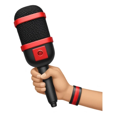hand holding black stage microphone with red strip on bottom sticker