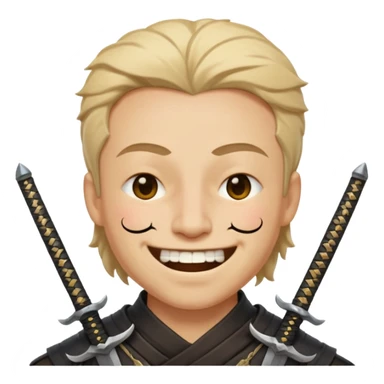 Haz que tenga una sonrisa epica una cicatriz en el ojo serrado y una espada entre los dientes y dos más a cada lado sticker