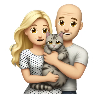 3 objects - a beautiful blonde with long hair and a polka-dotted sundress, a bald handsome man in a rock T-shirt and a fat gray cat with black spots. The man hugs the blonde and holds the cat in his hands sticker