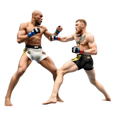 An MMA showdown between Conor McGregor and Anderson Silva in the octagon. McGregor is executing a powerful jumping strike, while Silva is expertly blocking the attack with his forearm. The background features the UFC octagon, fans in the distance, and dynamic action. Transparent background sticker