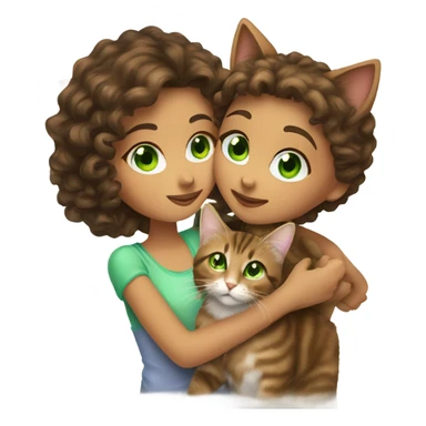 Girl with curly brown hair and hazel eyes kissing a brown tabby cat with green eyes sticker