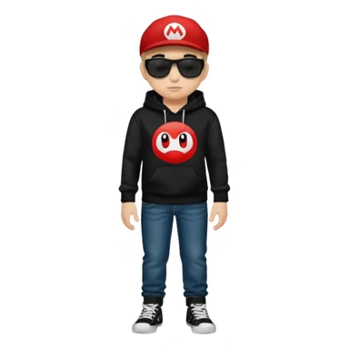 chico vestido de negro con sudadera negra logotipo super Mario con jeans Levis negros tenis converse negros gafas ray-ban fotogray y audífonos Sony sticker