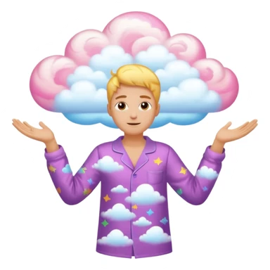 person in pajamas, arms open, vibrant swirling dream cloud overhead sticker