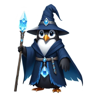 A mysterious penguin mage with sleek midnight-blue feathers, wearing a flowing black robe adorned with silver runes. A tall, pointed wizard hat sits slightly tilted on his head, the brim casting a shadow over his glowing icy-blue eyes. His flipper clutches an ancient wooden staff topped with a swirling crystal, radiating a soft, cold light. Snowflakes drift around him as he stands on a frozen cliff, his aura crackling with arcane energy, ready to summon a blizzard with a flick of his staff. sticker