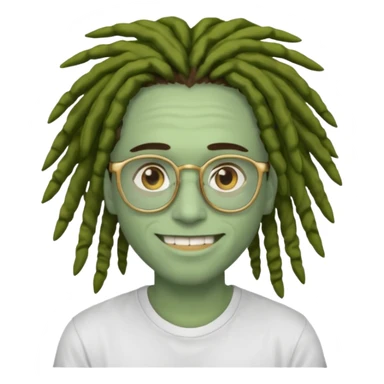 man with brown dreads white tee golden eyes light green skin glasses and white smile sticker