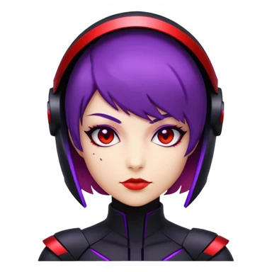 A futuristic assassin with a sleek black suit, short purple hair, and glowing red visor sticker