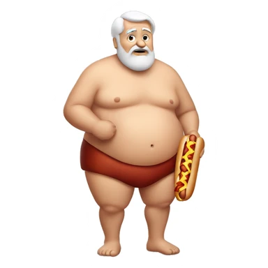 Shirtless Fat old man holding a hotdog with relish sticker