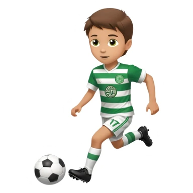 Brown hair 6 years old white boy footballer RUNNING playing soccer wearing CELTIC  UNIFORM  has white stripes  # 17 in the jersey the celtic football club logo NO CHEST LOGO  sticker