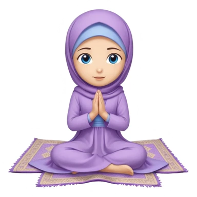 Turkish beautiful finish Konya muslim girl blue eyes with light purple color flower hijab long tail dress and sits on the pray mat namaz on the ground with dua  sticker