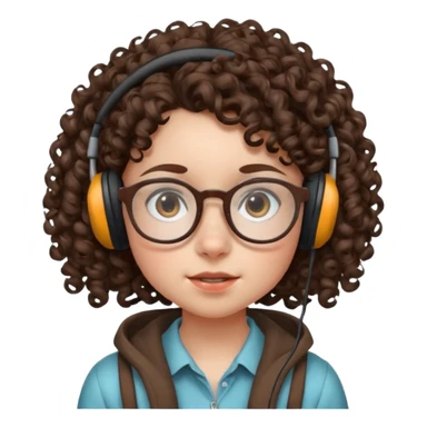 brunette kid with unique face features and very curly hair kid girl neutral and big glasess and big nose and dark eyes with freckles kind of nerd looking and headphone wearing sticker