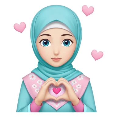 Turkish beautiful finish Konya girl blue eyes with light turquoise sakura and pink hijab islamic dress and making heart with hands and with thank you text sticker