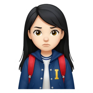 college student with annoyed face , black hair , with navy varsity jacket( initial I) and backpack , girl, long hair,  sticker