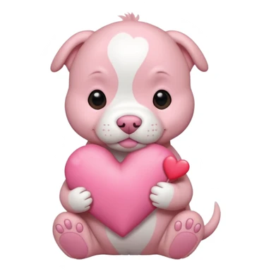 Pink pitbull puppy holding a heart sticker